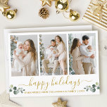 Calligraphy Watercolor Eucalyptus 3 Photo Gold Holiday Card<br><div class="desc">Modern Calligraphy Script 3 Photo Happy Holidays Card includes Watercolor Eucalyptus Leaves. Gold Text.</div>