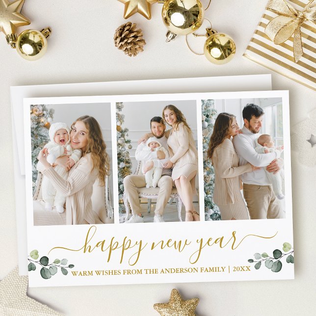 Calligraphy Watercolor Eucalyptus Gold New Year Holiday Card (Customize to add text to back of card.)