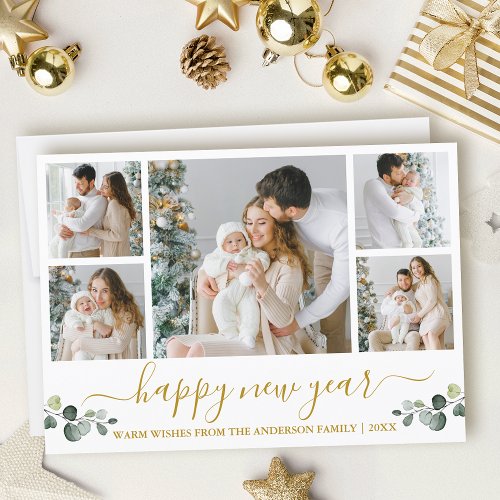 Calligraphy Watercolor Eucalyptus New Year Gold Holiday Card