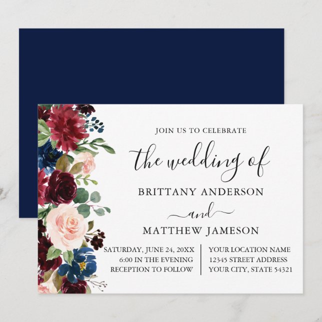 Calligraphy Watercolor Floral Wedding Blue Invitation (Front/Back)