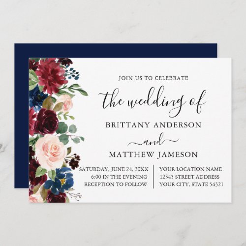 Calligraphy Watercolor Floral Wedding Blue Invitation