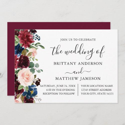 Calligraphy Watercolor Floral Wedding Burgundy Invitation