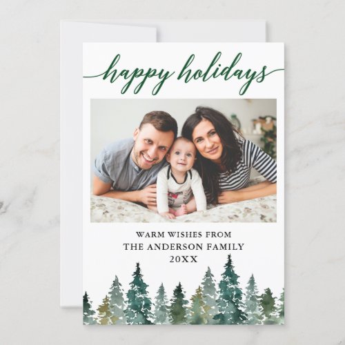 Calligraphy Watercolor Green Pine Trees Photo Holiday Card