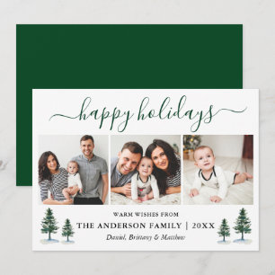 Calligraphy Watercolor Green Pines 3 Photo Holiday Card
