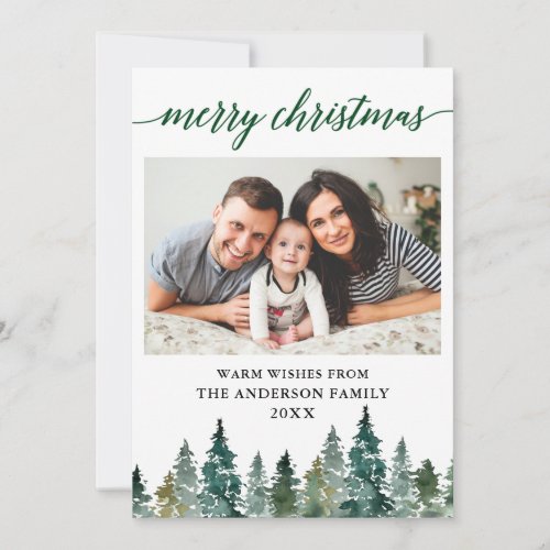 Calligraphy Watercolor Green Pines Photo Christmas Holiday Card