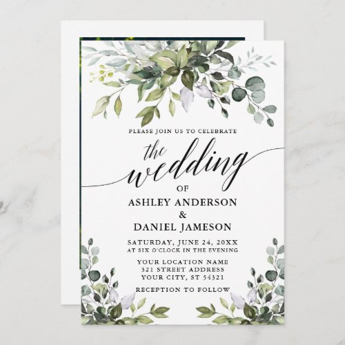 Calligraphy Watercolor Greenery Photo Wedding Invitation