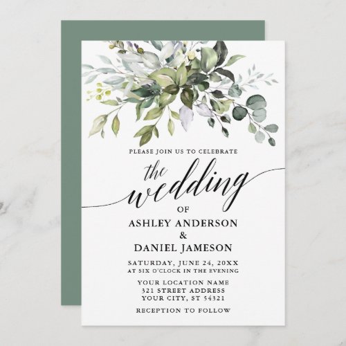 Calligraphy Watercolor Greenery Sage Green Wedding Invitation