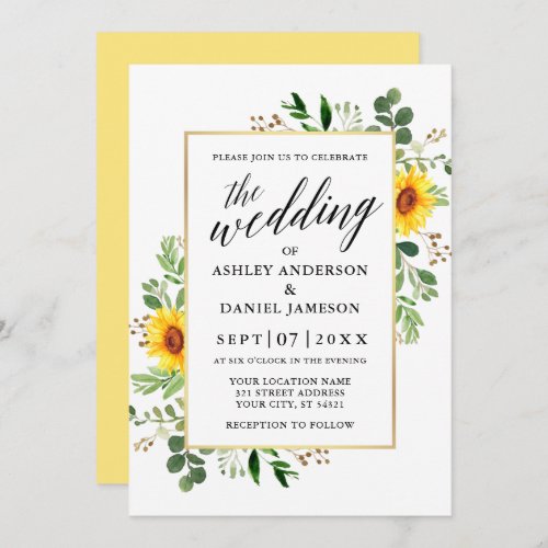 Calligraphy Watercolor Greenery Sunflowers Wedding Invitation