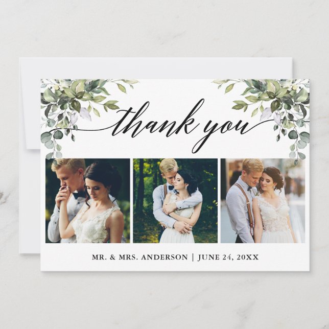 Calligraphy Watercolor Greenery Wedding 3 Photo Thank You Card (Front)