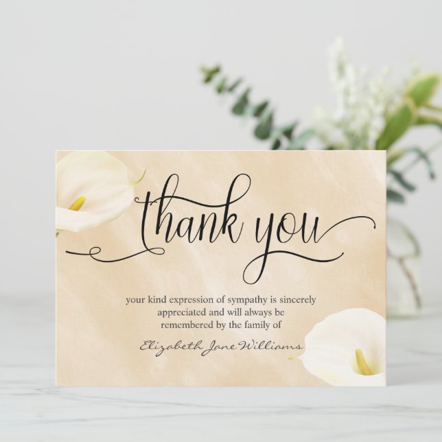 Calligraphy Watercolor Lillies Funeral Thank You (Standing Front)