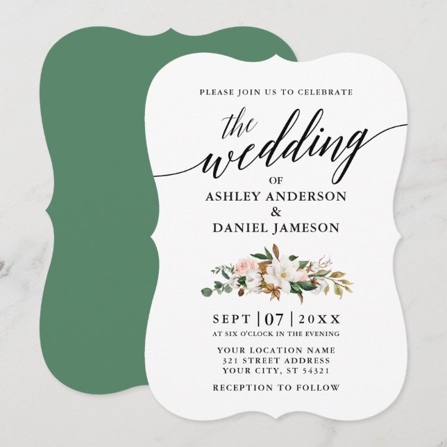 Calligraphy Watercolor Magnolias Roses Wedding Invitation (Front/Back)