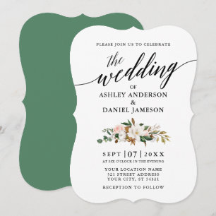 Calligraphy Watercolor Magnolias Roses Wedding Invitation