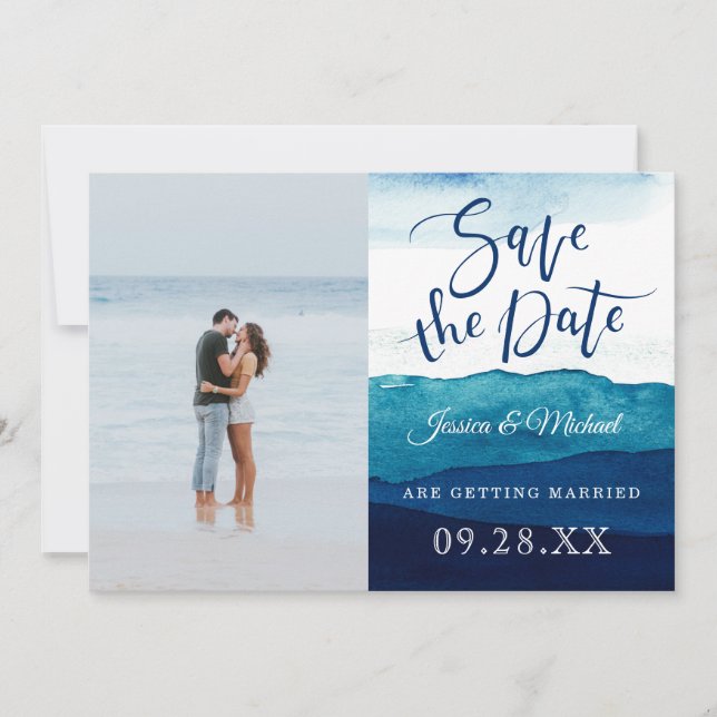 Calligraphy Watercolor Navy Deep Blue Photo Save The Date (Front)