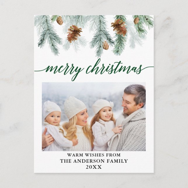 Calligraphy Watercolor Pine Cones Green Christmas Postcard (Front)