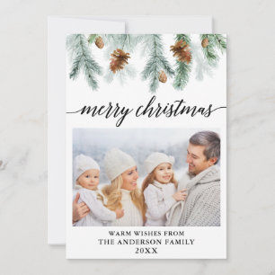 Calligraphy Watercolor Pine Cones Photo Christmas Holiday Card