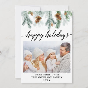 Calligraphy Watercolor Pine Cones Photo Holiday Card