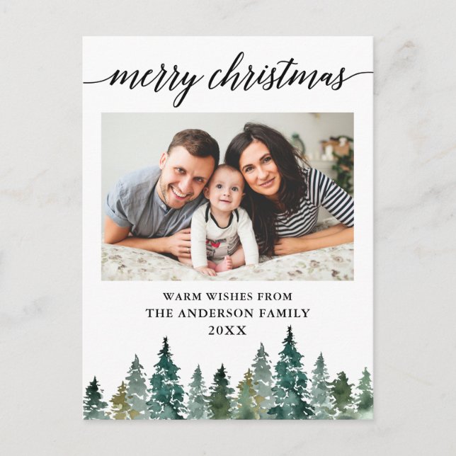 Calligraphy Watercolor Pine Trees Photo Christmas Postcard (Front)