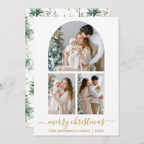 Calligraphy Watercolor Pines 3 Photo Arch Gold Holiday Card