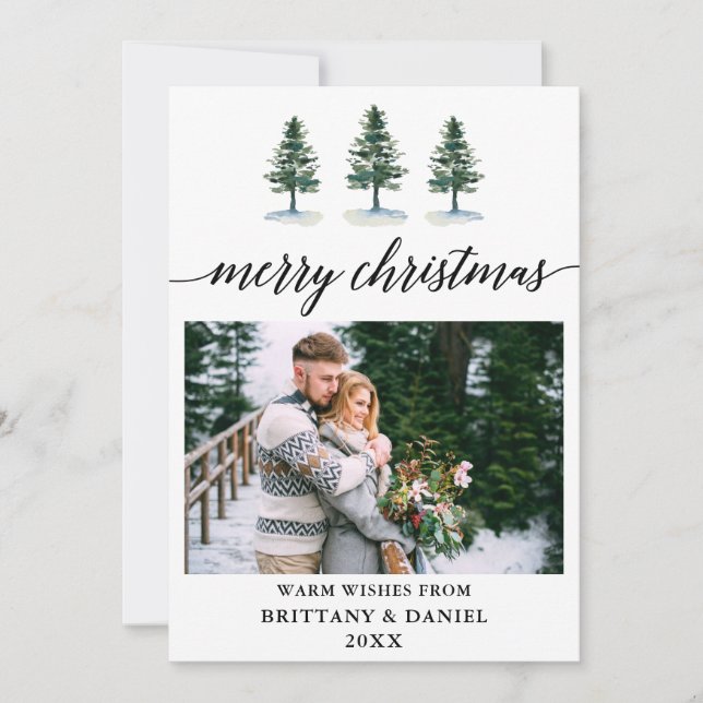 Calligraphy Watercolor Pines Couple Photo Holiday Card (Front)