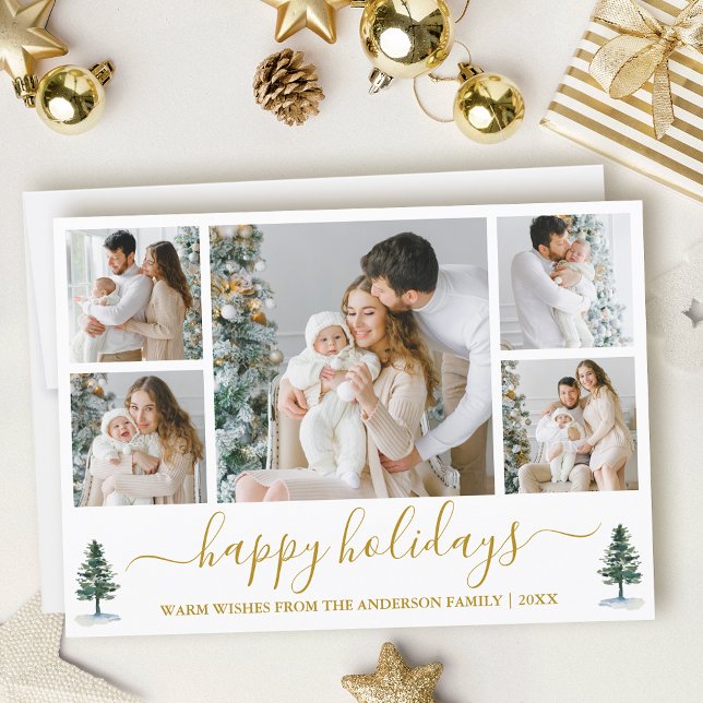 Calligraphy Watercolor Pines Gold Holiday Card (Customize to add text to back of card.)