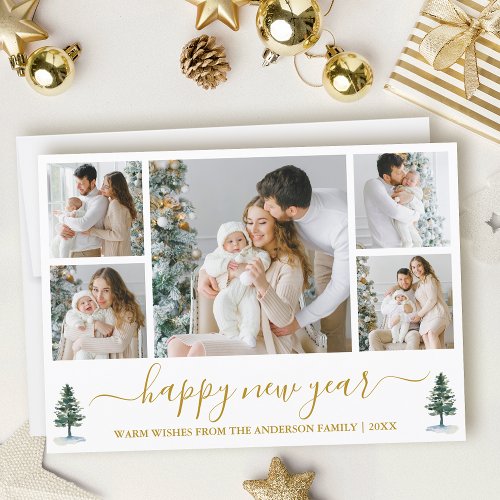 Calligraphy Watercolor Pines New Year Gold Holiday Card