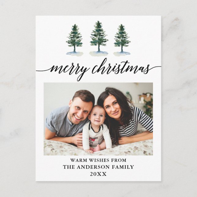 Calligraphy Watercolor Pines Photo Christmas Postcard (Front)