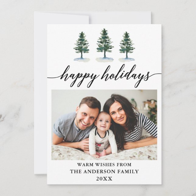 Calligraphy Watercolor Pines Photo Holiday Card (Front)