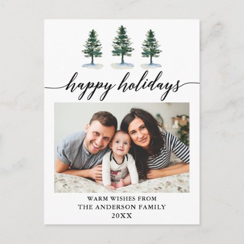 Calligraphy Watercolor Pines Photo Holiday Postcard