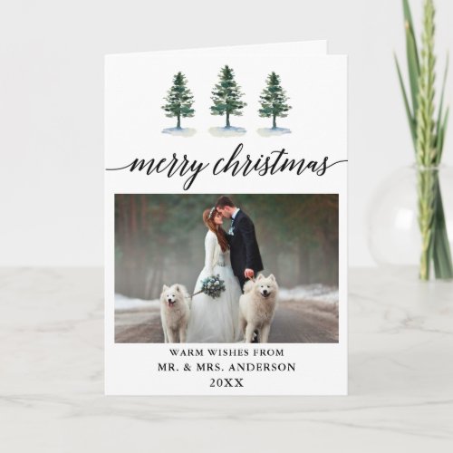 Calligraphy Watercolor Pines Wedding Photo Fold Holiday Card