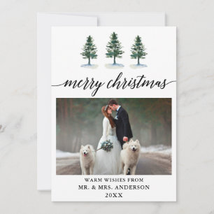 Calligraphy Watercolor Pines Wedding Photo Holiday Card