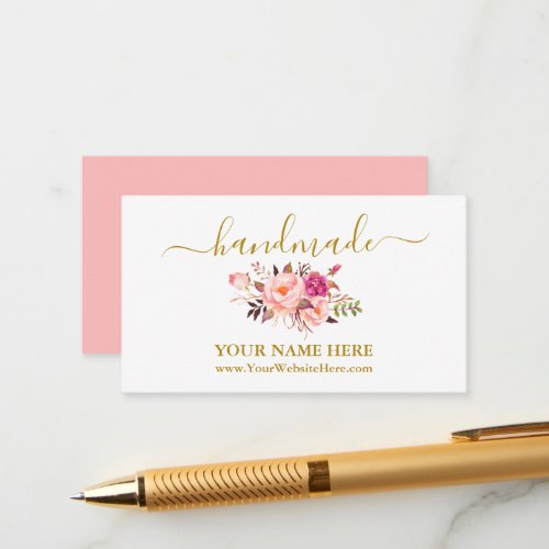 Calligraphy Watercolor Pink Floral Handmade Gold Enclosure Card