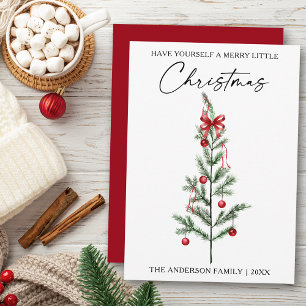 Calligraphy Watercolor Red Bow Christmas Tree Holiday Card