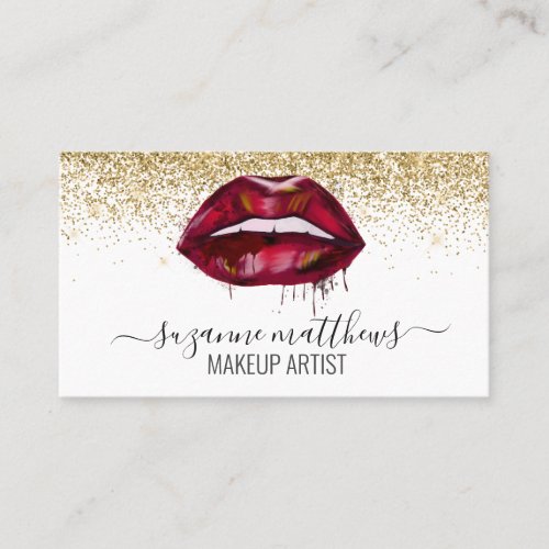 Calligraphy Watercolor Red Lips Dripping Gold  Business Card