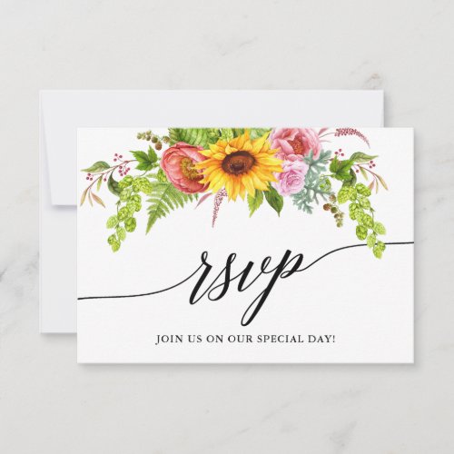 Calligraphy Watercolor Sunflower Floral Wedding RSVP Card