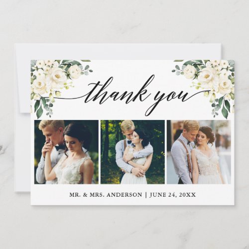 Calligraphy Watercolor White Floral Wedding Photo Thank You Card