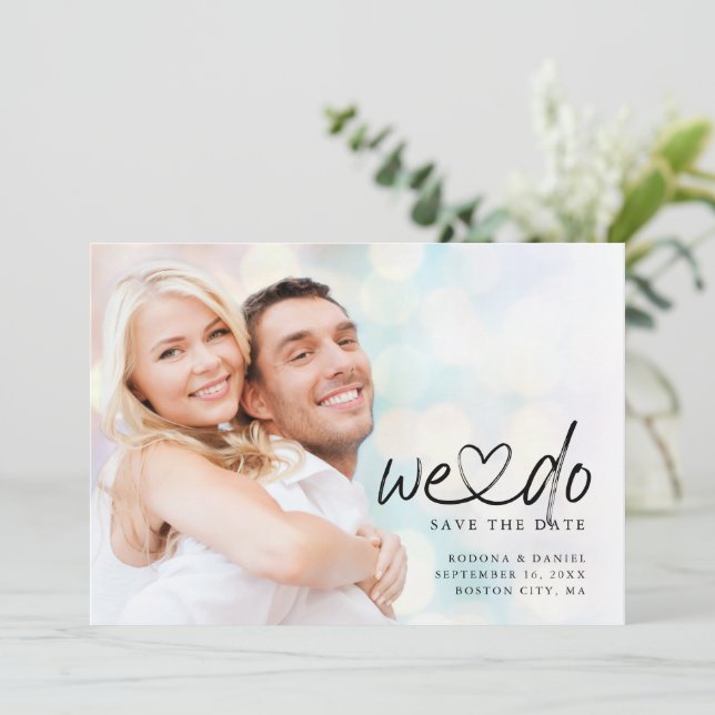 Calligraphy We Do Connected Heart Photo QR Code Save The Date (Standing Front)