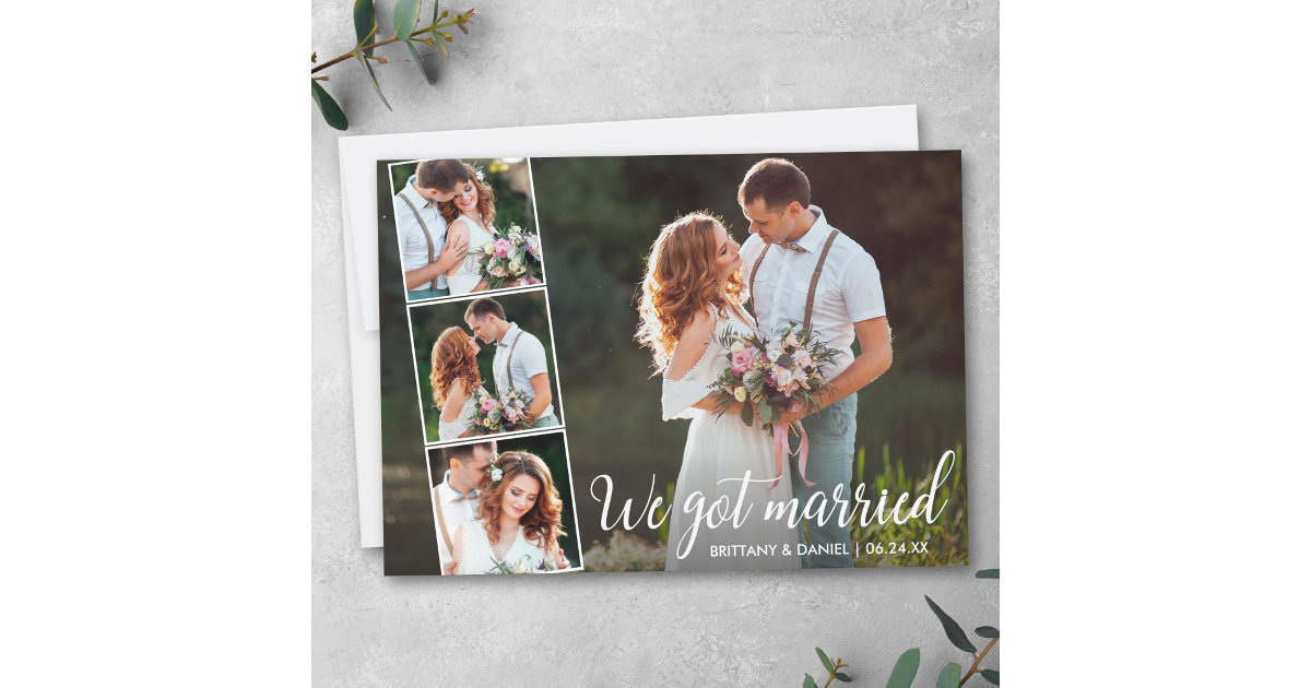 Calligraphy We Got Married 4 Photo Announcement | Zazzle