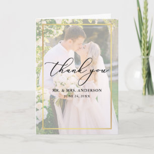Calligraphy Wedding 2 Photo Gold Overlay Fold Thank You Card