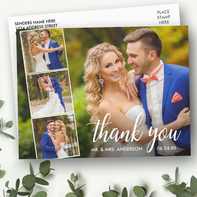 Calligraphy Wedding 4 Photo Collage Thank You Postcard (Customize to change your personalized text size or text style.)