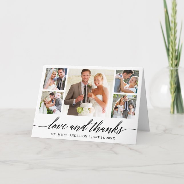 Calligraphy Wedding 5 Photo Love and Thanks Fold Thank You Card (Front)