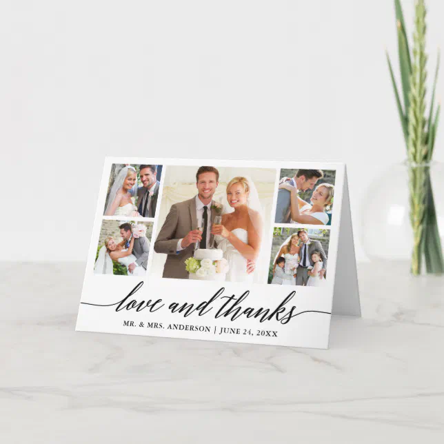 Calligraphy Wedding 5 Photo Love and Thanks Fold Thank You Card | Zazzle