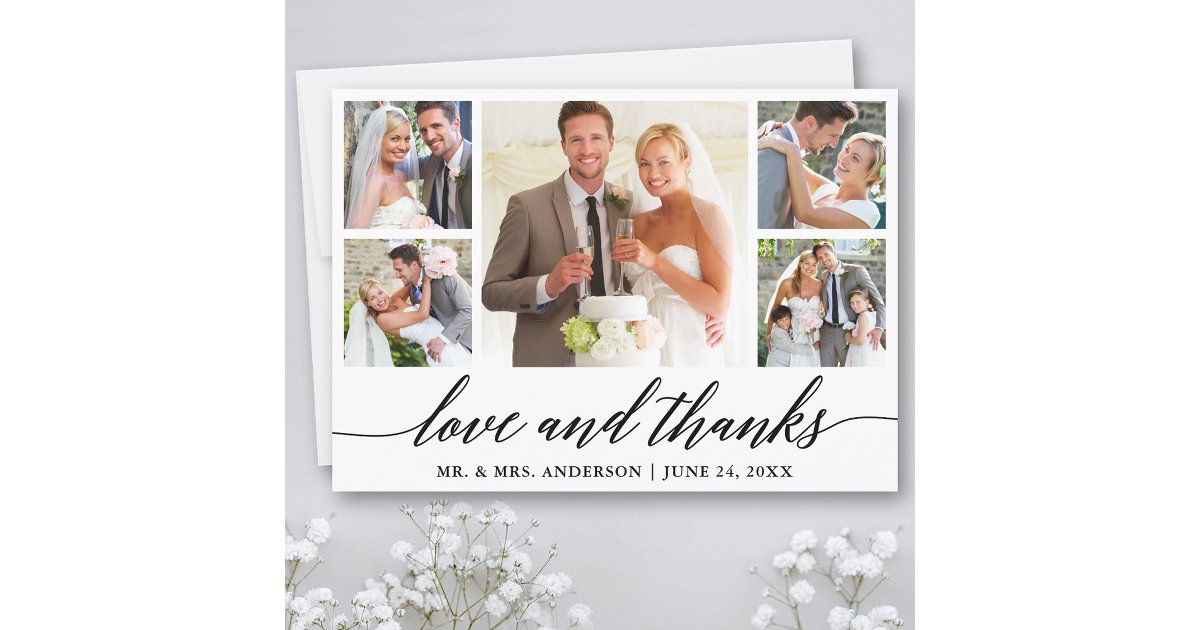 Calligraphy Wedding 5 Photo Love and Thanks Thank You Card | Zazzle