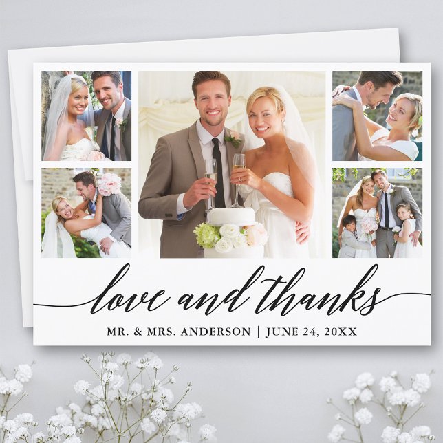Calligraphy Wedding 5 Photo Love and Thanks Thank You Card (Customize to add text or more photos to back of card.)