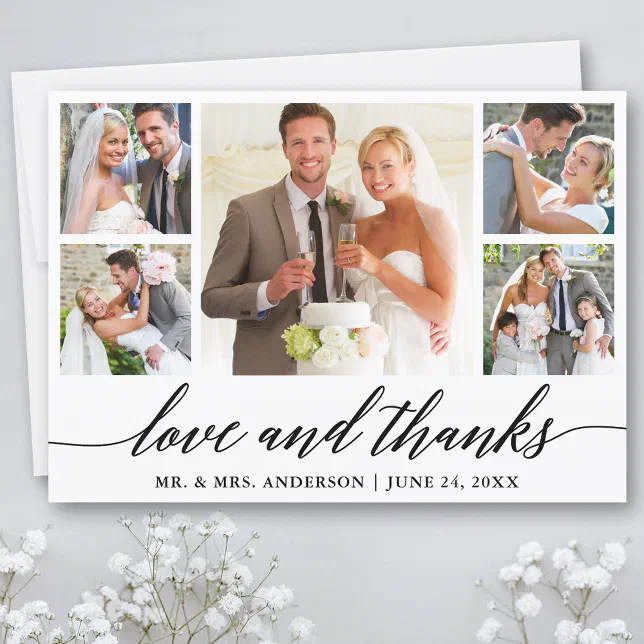 Calligraphy Wedding 5 Photo Love and Thanks Thank You Card | Zazzle