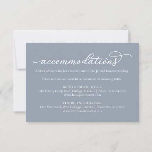 Calligraphy Wedding Accommodations Dusty Blue Card