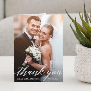 Calligraphy Wedding Bride and Groom Photo Fold Thank You Card