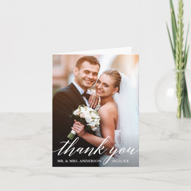 Calligraphy Wedding Bride and Groom Photo Note Thank You Card (Front)