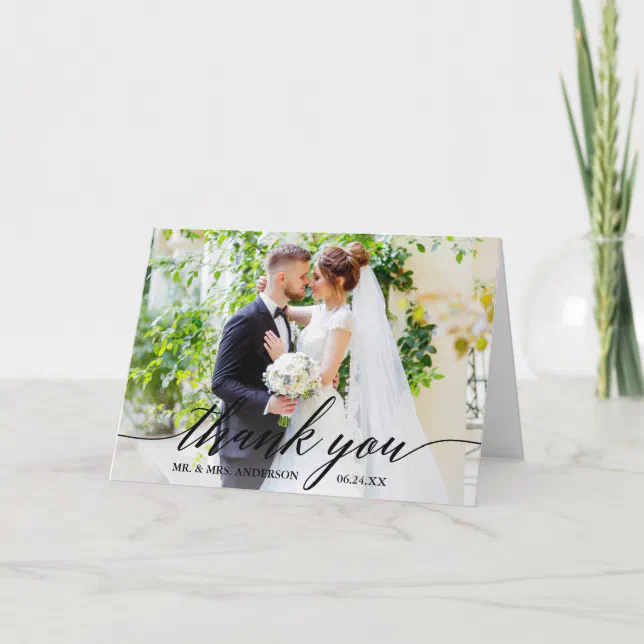 Calligraphy Wedding Bride Groom Photo B Fold Thank You Card | Zazzle