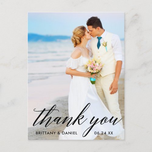 Calligraphy Wedding Bride Groom Photo Thank You B Postcard