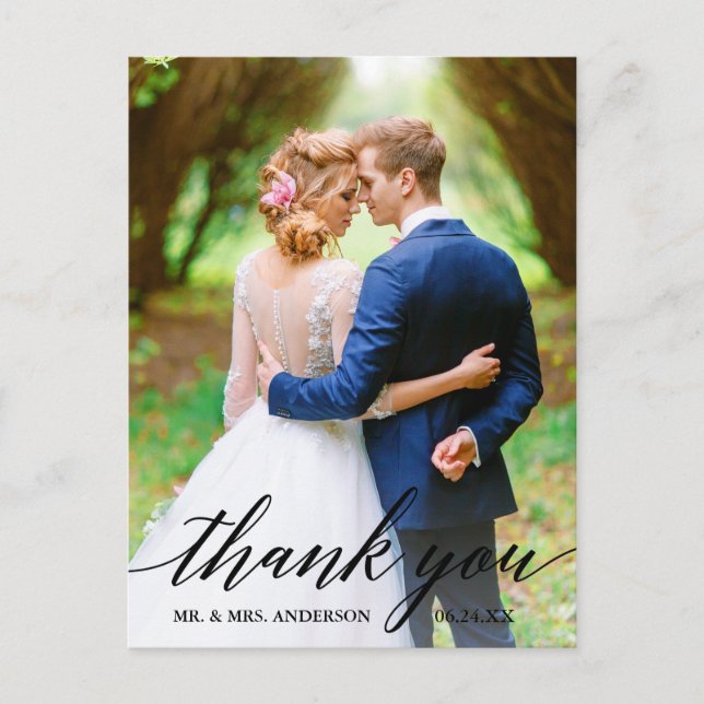 Calligraphy | Wedding Bride Groom Photo Thank You Postcard (Front)